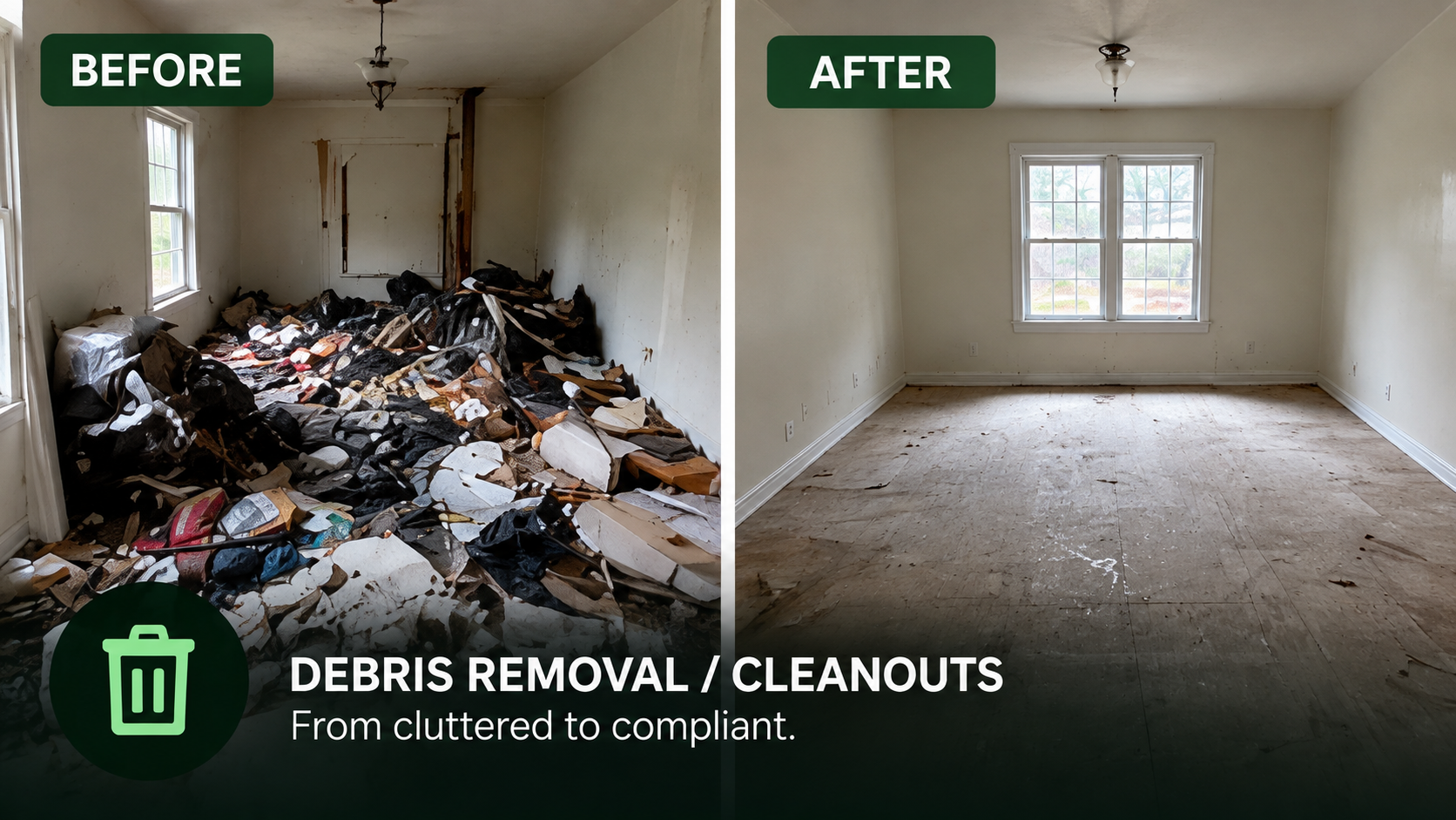 Before and after interior photos of a cluttered room cleared to an empty room, with the caption “Debris Removal / Cleanouts — from cluttered to compliant.”