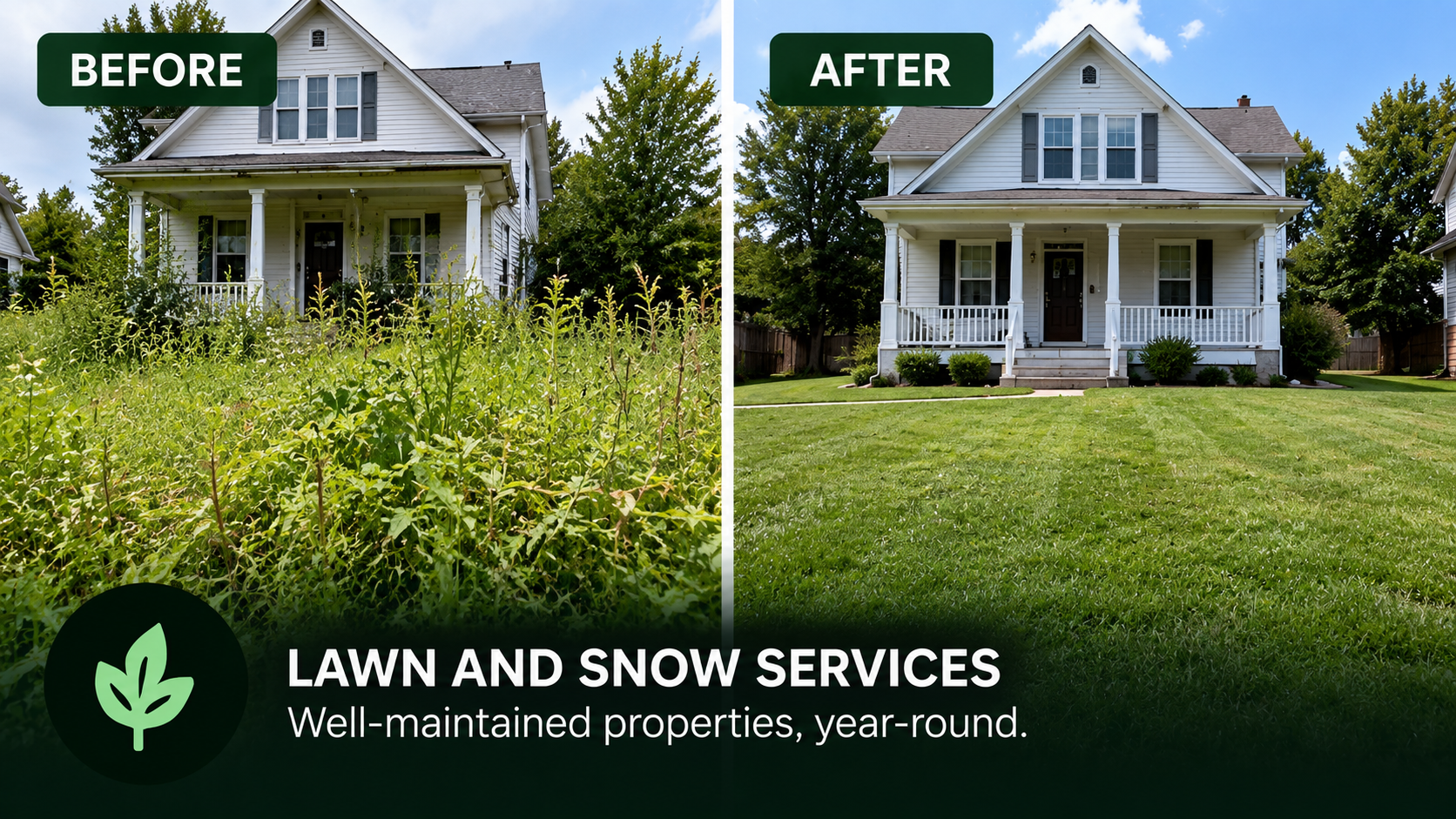 Before and after exterior photos of an overgrown yard restored to a cut lawn, with the caption “Lawn and Snow Services — well-maintained properties, year-round.”