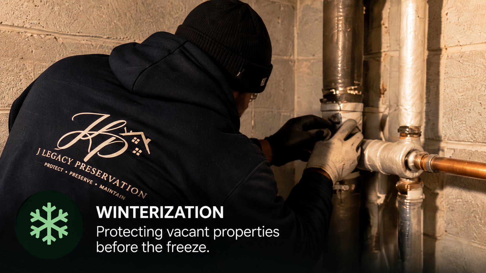 J Legacy Preservation field technician working on basement plumbing during a winterization assignment, with the caption “Winterization — protecting vacant properties before the freeze.”